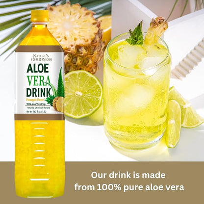 Nature's Goodness Aloe Vera Drink with Pulp Pineapple Flavor -12 Pack Case - 50.7 Fl Oz (1.5 L) Each - Total 18 Liters - Refreshing Beverage with Real Aloe Vera Juice