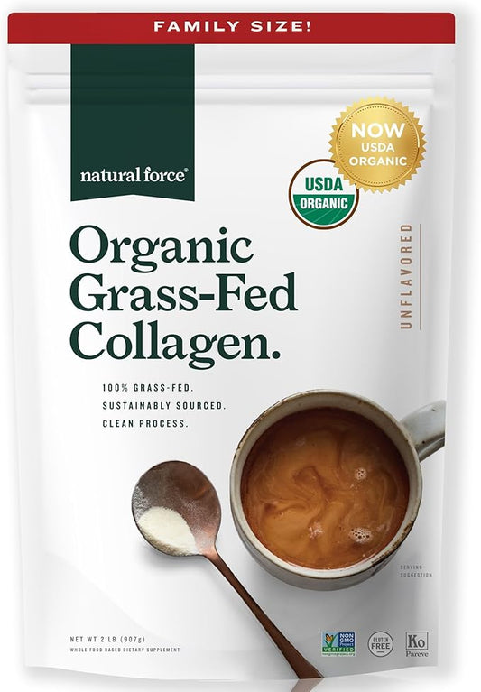 Natural Force Organic Clean Collagen Peptides Powder - USDA Certified Organic & Non-GMO, Keto & Paleo Certified - Hydrolyzed Type I & III Protein Powder with Essential Amino Acids – Unflavored, 32oz