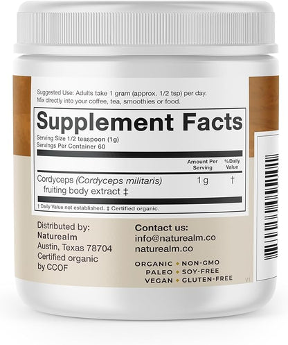 Naturealm Cordyceps Mushroom Powder - Organic Mushroom Extract for Focus, Energy & Mental Clarity - 100% Mushroom Fruiting Bodies - Cordyceps Militaris Supplement (60 Servings)