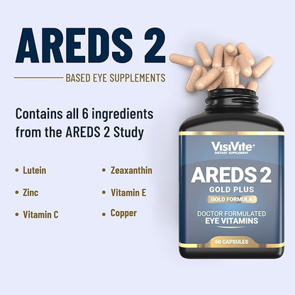 Doctor Formulated AREDS 2 Plus Eye Vitamins with Zeaxanthin Plus Lutein - Bilberry and Grape Seed Extract - Premium Eye Health Formula - 60 Eye Supplement Capsules of VisiVite Gold Plus