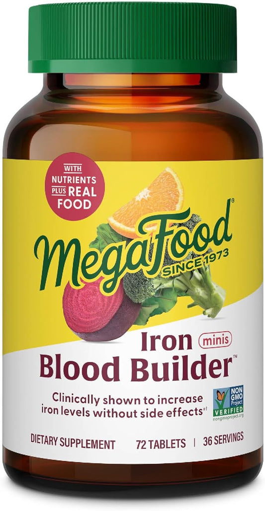 MegaFood Blood Builder Minis, Iron Supplement Clinically Shown to Increase Iron Levels Without Side Effects - Vegan Supplement with Vitamin C, Vitamin B12 & Folic Acid, 72 Tablets (36 Servings)