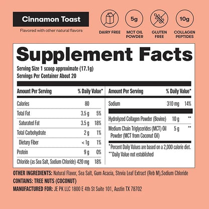 Perfect Keto Collagen Peptides Protein Powder with MCT Oil, Hydrolyzed Collagen, Type I & III Supplement, Gluten Free Grass Fed, Low Carb, Keto Coffee Creamer, Collagen for Women & Men, Cinnamon Toast