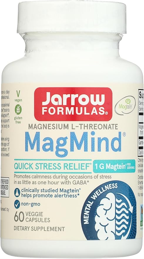 Jarrow Formulas Magnesium L-Threonate, MagMind Quick Stress Relief, Dietary Supplement Featuring GABA, 60 Capsules, Up to a 30 Day Supply