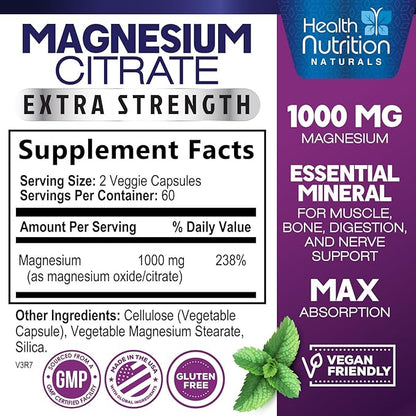 Magnesium Citrate Capsules 1000mg - Max Absorption Magnesium Powder for Muscle, Nerve, Bone and Heart Health Support, High Absorption Citrate Complex, Gluten Free, Non-GMO - 120 Capsules