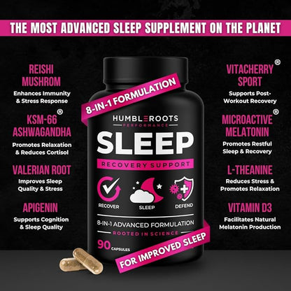8-in-1 All-Natural Sleep Aid Supplement for Recovery, Immunity, & Sleep Support | Organic Reishi & Valerian Root | Ashwagandha Root & VitaCherry Sport | Apigenin & L-Theanine | Melatonin & Vitamin D3