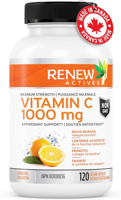RENEW ACTIVES Maximum Strength Vitamin C 1000MG per Serving – Antioxidant & Immune Booster for Overall Health, Bones, Teeth & Gums – Non-GMO, Sugar-Free, 4-Month Supply – Made in Canada – 120 Capsules