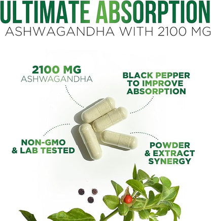 Ashwagandha Extra Strength 2100mg - Ashwagandha Supplements for Women & Men, Antioxidant Support, Nature's Vegan Ashwagandha Powder, Ashwagandha Supplement, Non-GMO & Gluten Free - 60 Capsules