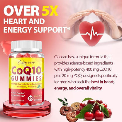 CoQ10 Gummies with PQQ - 400 MG Coenzyme Q10 High Potency, Enhanced with Ayurvedic Herbs, Adaptogenic Mushroom Blend & Probiotics for Heart, Brain, Energy, Immunity, Cherry Flavor, 120 Vegan Gummies