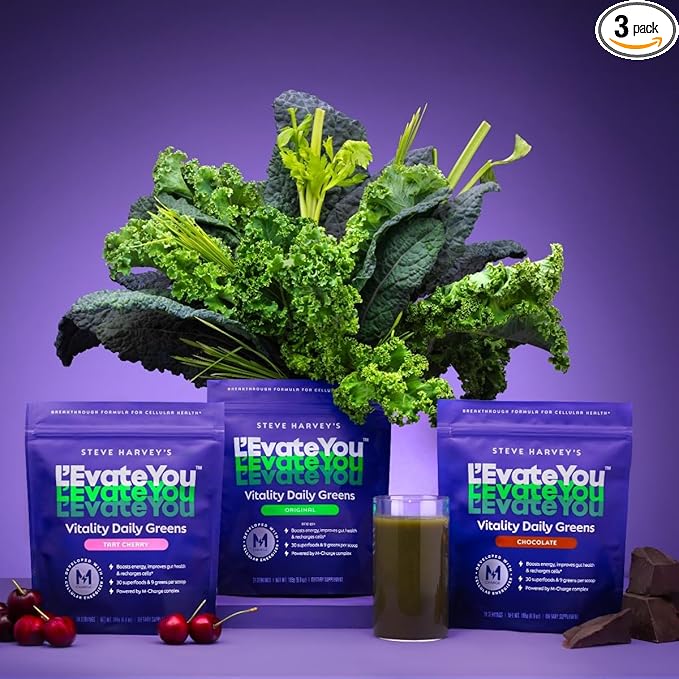 L'Evate You Vitality Daily Greens, Variety Pack (3 Bags, 84 Servings) 30 Superfoods, 9 Greens - for Cellular Energy Boost, Powered by M-Charge Complex for All Day Energy