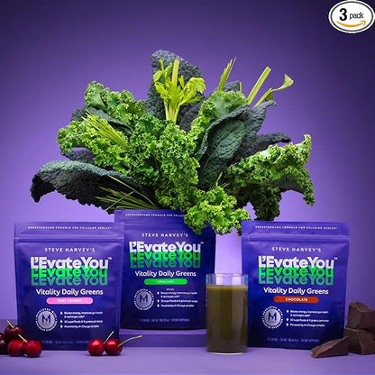 L'Evate You Vitality Daily Greens, Variety Pack (3 Bags, 84 Servings) 30 Superfoods, 9 Greens - for Cellular Energy Boost, Powered by M-Charge Complex for All Day Energy