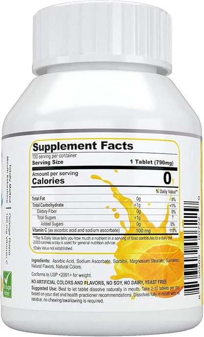 Vitamin C 100 mg Buccal Lozenge Tablets – Slow-Dissolving, Controlled Release & Fast Absorption, Natural Orange, Immune Boost, Antioxidant & Anti-Aging, Sugar-Free, 100 CT