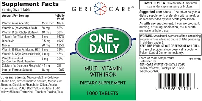 GeriCare One-Daily Multi-Vitamin with Iron Tablets, 1000 Count (Pack of 1)