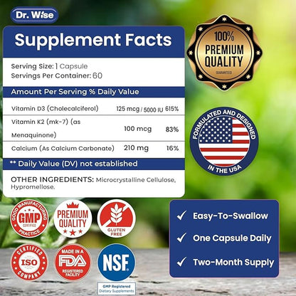 Dr. Wise Vitamin D3 5000 IU + K2 MK-7 - Women’s Supplement for Bone Strength, Heart Health, Immune Support & Radiant Skin - 60 Capsules - High Absorption - 2 Month Supply