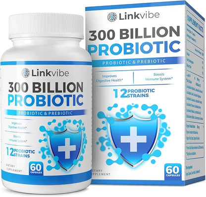 Probiotic 300 Billion CFU - 12 Strains with Organic Prebiotics for Digestive & Gut, Immune, Bloating Health - Probiotics for Women and Men - Daily Dairy Free, Shelf Stable - 60 Counts