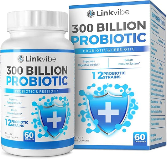 Probiotic 300 Billion CFU - 12 Strains with Organic Prebiotics for Digestive & Gut, Immune, Bloating Health - Probiotics for Women and Men - Daily Dairy Free, Shelf Stable - 60 Counts