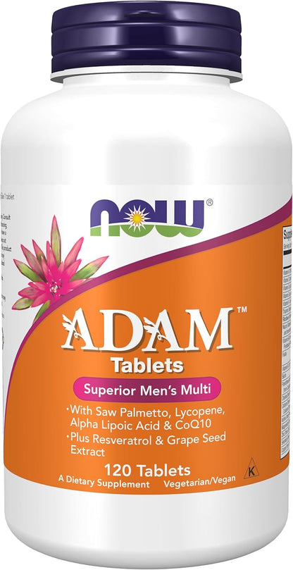 NOW Foods Supplements, ADAM™ Men's Multivitamin with Saw Palmetto, Lycopene, Alpha Lipoic Acid and CoQ10, Plus Natural Resveratrol & Grape Seed Extract, 120 Tablets