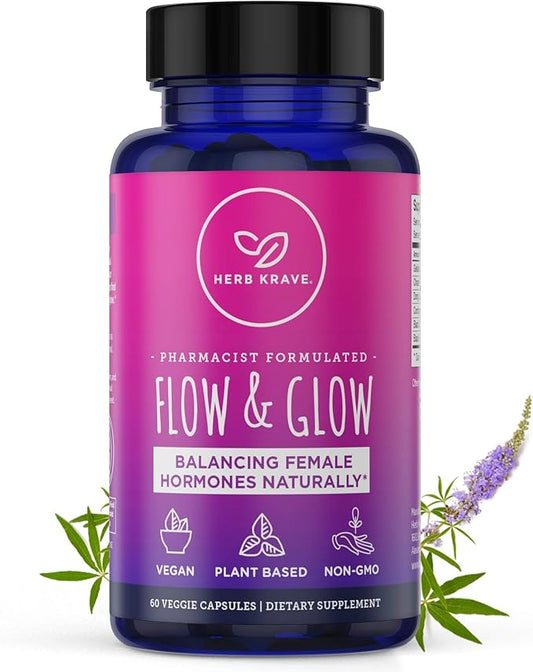 Flow and Glow Natural Hormone Balance for Women - PMS & Menopause Relief for Cramps, Mood Swings & Night Sweats with Donq Quai & Black Cohosh for Menopause - 60 Vegan Capsules (1 Pack)