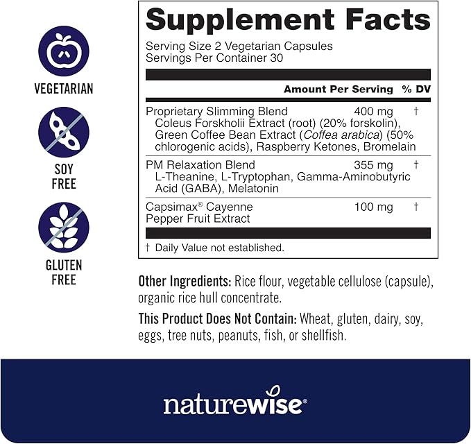 Naturewise Nighttime Fitness Support Supplement & Natural Sleep Aid with Cayenne Extract, Green Coffee Bean, GABA, L-Theanine - Vegetarian, Non-GMO - 60 Capsules[1-Month Supply]