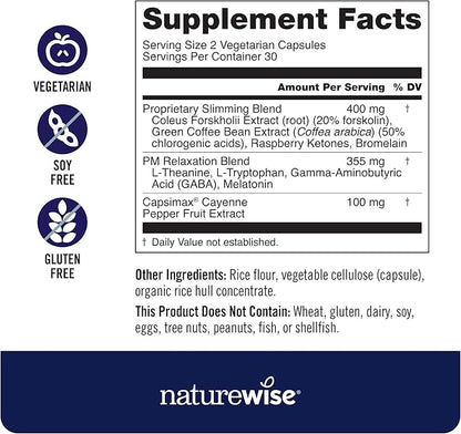 Naturewise Nighttime Fitness Support Supplement & Natural Sleep Aid with Cayenne Extract, Green Coffee Bean, GABA, L-Theanine - Vegetarian, Non-GMO - 60 Capsules[1-Month Supply]