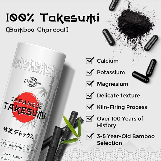 Takesumi Activated Charcoal 2000mg – Activated Charcoal from Bamboo for Max Absorption, Detox & Gut, 120 Vegan Capsules
