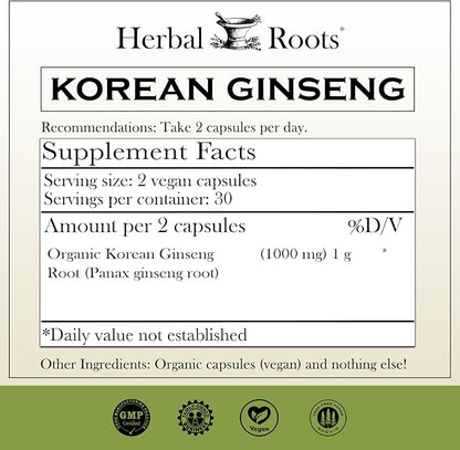 Herbal Roots Panax Ginseng | Organic Korean Ginseng Root Powder | 1000mg | High Ginsenosides for Energy & Performance | 60 Vegan Capsules
