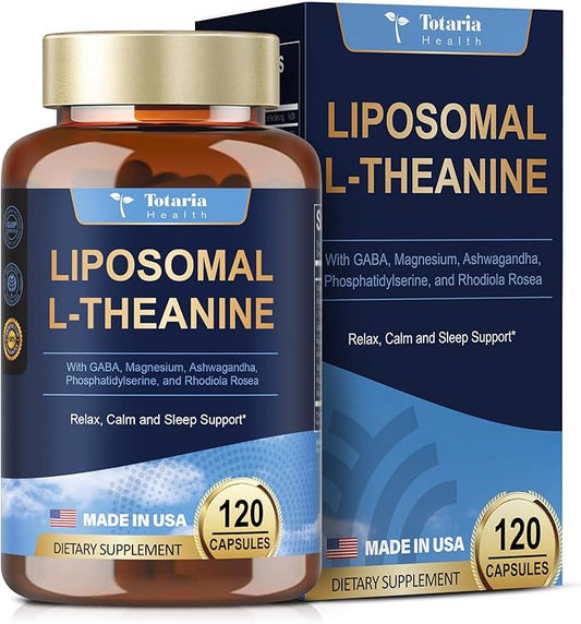 Liposomal L-Theanine Supplement 750mg with GABA,Ashwagandha,Magnesium Glycinate,Rhodiola Rosea,Phosphatidylserine Complex Supplements for Men and Women Mood |Focus | Sleep Support 120 Capsules