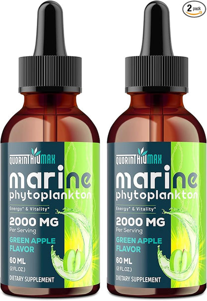 Marine Phytoplankton Drops 2000mg - High Absorption Phytoplankton Supplement with Wheatgrass & Fo-ti for Cellular Wellness, Hair Growth, Energy & Immunity | Green Apple Flavor, 60ml (Pack of 2)