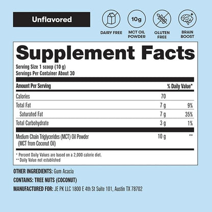 Perfect Keto 7g MCT Oil Powder, Medium Chain Triglycerides Supplement, Non Dairy Coffee Creamer for Keto Diet, Ketogenic MCT Oil Mix for Coffee, Smoothie, Protein Shakes, Tea, Unflavored, 30 Servings