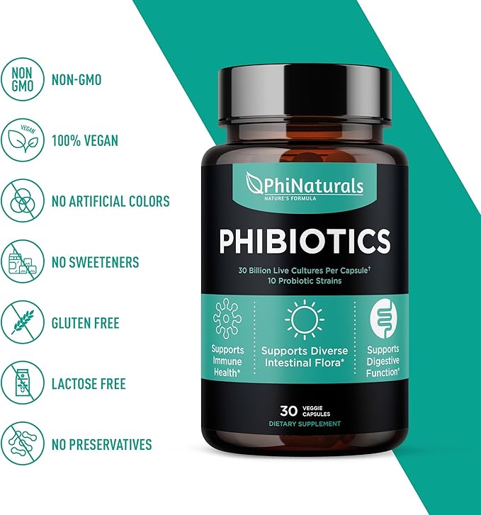 High Potency Probiotics 10 Strains 30 Billion CFUs PhiNaturals – [30 Vegan Capsules] for Women and Men Digestive Gut Health - Lactobacillus Acidophilus Salivarius Rhamnosus Bifidobacterium Probioticos