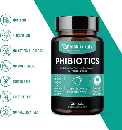 High Potency Probiotics 10 Strains 30 Billion CFUs PhiNaturals – [30 Vegan Capsules] for Women and Men Digestive Gut Health - Lactobacillus Acidophilus Salivarius Rhamnosus Bifidobacterium Probioticos