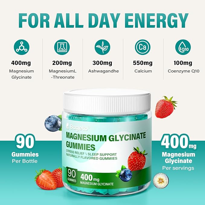 Magnesium Glycinate Gummies Sugar Free 90 for Adults & Kids,400mg Chewable Magnesium Gummies with 200mg L-Threonate,Ashwagandha,Vitamin D,B6,B12,Calcium for Sleep,Stress & Muscle,Relief,Mixed Berry
