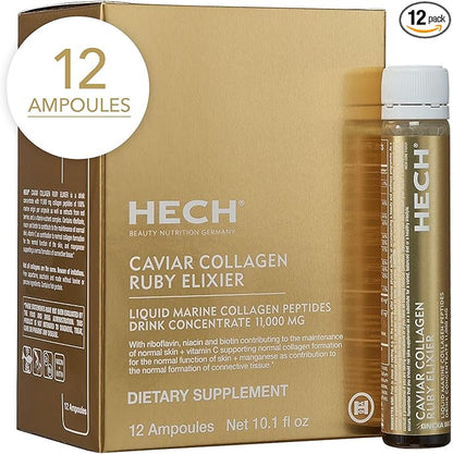 HECH Caviar Collagen Ruby Elixier - Beauty Supplement with 11,000 mg Marine and Caviar Collagen Peptides, Polyphenols and Complex of 9 bioactive Vita-Mineral Nutrients