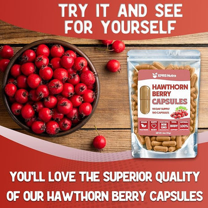 XPRS Nutra Hawthorn Berry Capsules - 180 Count (90 Day Supply) of Premium USDA Hawthorne Berry Capsules for Cardiovascular Support - Vegan Friendly Hearth Health Supplement