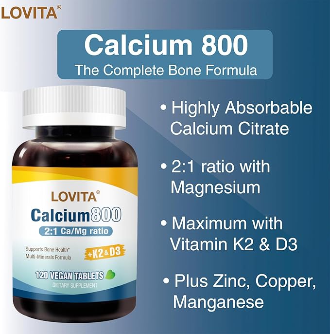 Lovita Calcium 800 mg, Highly Absorbable Bone Support with Magnesium, Vitamin D3 & K2 | Plus Zinc, Copper & Manganese, 120 Vegan Tablets