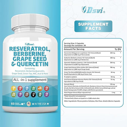 60 Capsules Resveratrol 6000mg Berberine 3000mg Grape Seed Extract 3000mg Quercetin 4000mg Green Tea Extract Polyphenol Supplement with N-Acetyl Cysteine Acai Extract for Women and Men,USA