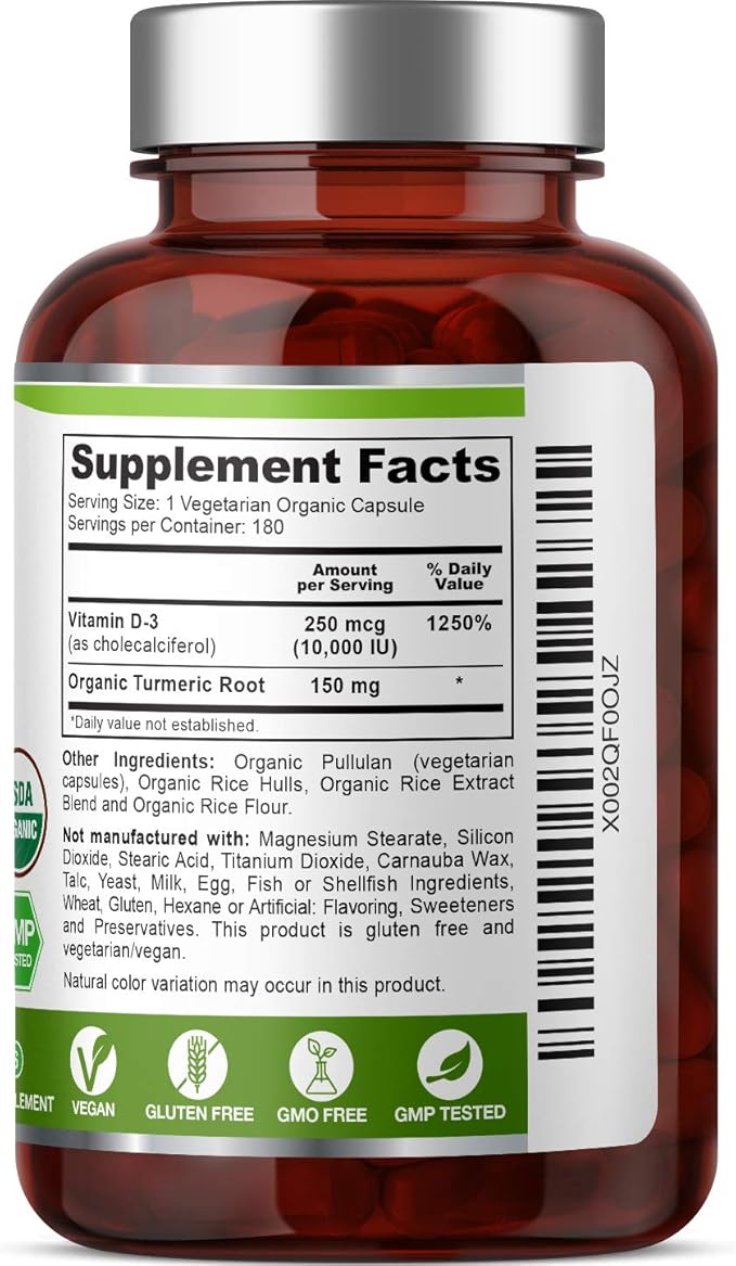 biophix Organic Vitamin D-3 Complex 10000 IU 180 Vcaps with Turmeric - High-Potency Supports Strong Bones Immune Health