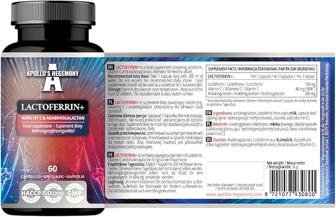 APOLLO'S HEGEMONY Lactoferrin+ 100 mg - with Vitamin C and Arabinogalactan - 60 Vegan Capsules - 2 Month Supply - for Enhanced Immunity and Iron Absorption