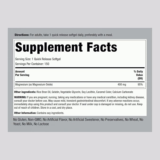 Piping Rock Magnesium 400mg Softgels | 150 Count | Magnesium Oxide Supplement | Non-GMO, Gluten Free