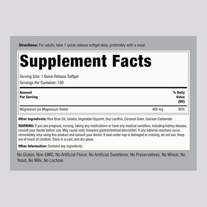 Piping Rock Magnesium 400mg Softgels | 150 Count | Magnesium Oxide Supplement | Non-GMO, Gluten Free
