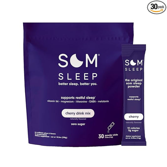 Som Sleep, Restful Calm Sleep Powder Drink Mix, 3mg Melatonin, Magnesium, Vitamin B6, L-Theanine, GABA – Vegan, Zero Sugar, Keto Friendly – Cherry, 30-Pack
