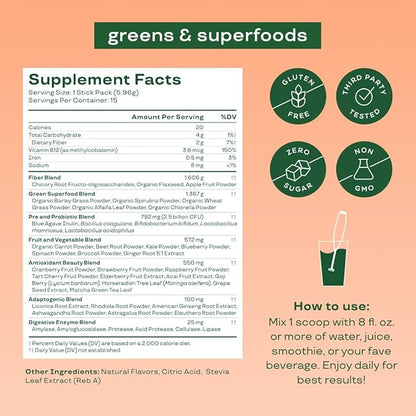 Bloom Nutrition Greens and Superfoods Powder Packets for Digestive Health, Greens Powder, Digestive Enzymes, Probiotics, Spirulina, Chlorella for Bloating & Gut Support, 15 Stick, Peach
