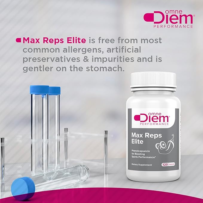 Omne Diem Max Reps Elite Capsules - Phenylcapsaicin Sports Performance Dietary Supplement - Supports Maximum Workout and Recovery & Reduces Fatigue - for Men & Women - 120 ct