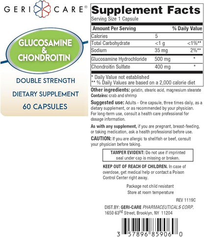 Gericare Glucosamine HCl 500 mg, Chondroitin Sulfate 400 mg with Sodium 35 mg Supplement Capsules - Supports Joint Mobility, Promotes Cartilage Health and Flexibility, 60 Count (Pack of 1)