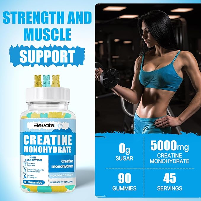 Creatine Monohydrate Gummies 5000mg for Men & Women, Chewables Creatine Monohydrate for Muscle Strength, Muscle Builder, Energy Boost, Pre-Workout Supplement(90 Count)-Blueberry Pineapple