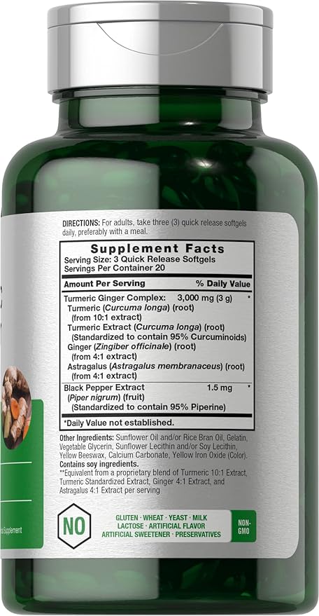 Horbäach Turmeric and Ginger Supplement 3000 mg | 60 Softgel Capsules | Turmeric Curcumin Complex with Black Pepper Extract | Non-GMO, Gluten Free