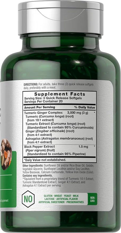 Horbäach Turmeric and Ginger Supplement 3000 mg | 60 Softgel Capsules | Turmeric Curcumin Complex with Black Pepper Extract | Non-GMO, Gluten Free