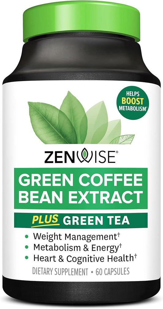 Zenwise Health Green Tea Extract with Green Coffee Bean Extract - Vegan Skin & Heart Support + Brain Health & Memory Boost - 60 Count