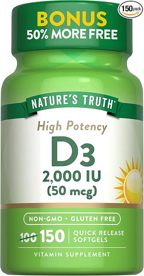 Nature's Truth Vitamin D3 2000 IU Softgels | 150 Count | High Potency | Non-GMO and Gluten Free Supplement