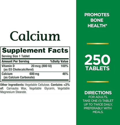 Nature's Bounty Calcium Carbonate & Vitamin D, Supports Immune Health & Bone Health, 600mg Calcium & 800IU Vitamin D3, 250 Tablets (Pack of 2)