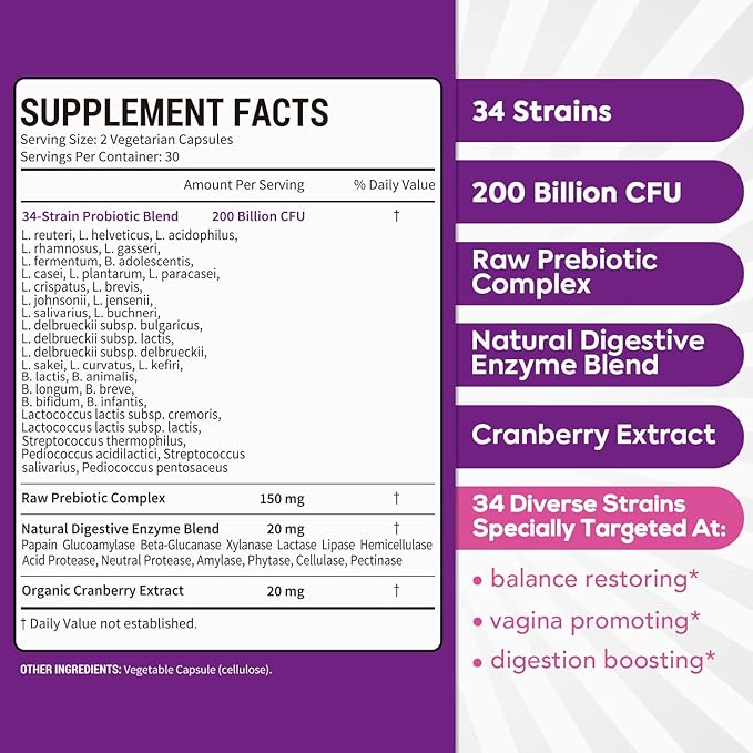 Women's Probiotic, 200 Billion CFU, Prebiotics + Digestive Enzymes + Cranberry, Complete Vaginal & Urinary Tract Health, Maintain pH & Yeast Balance, 60 Caps